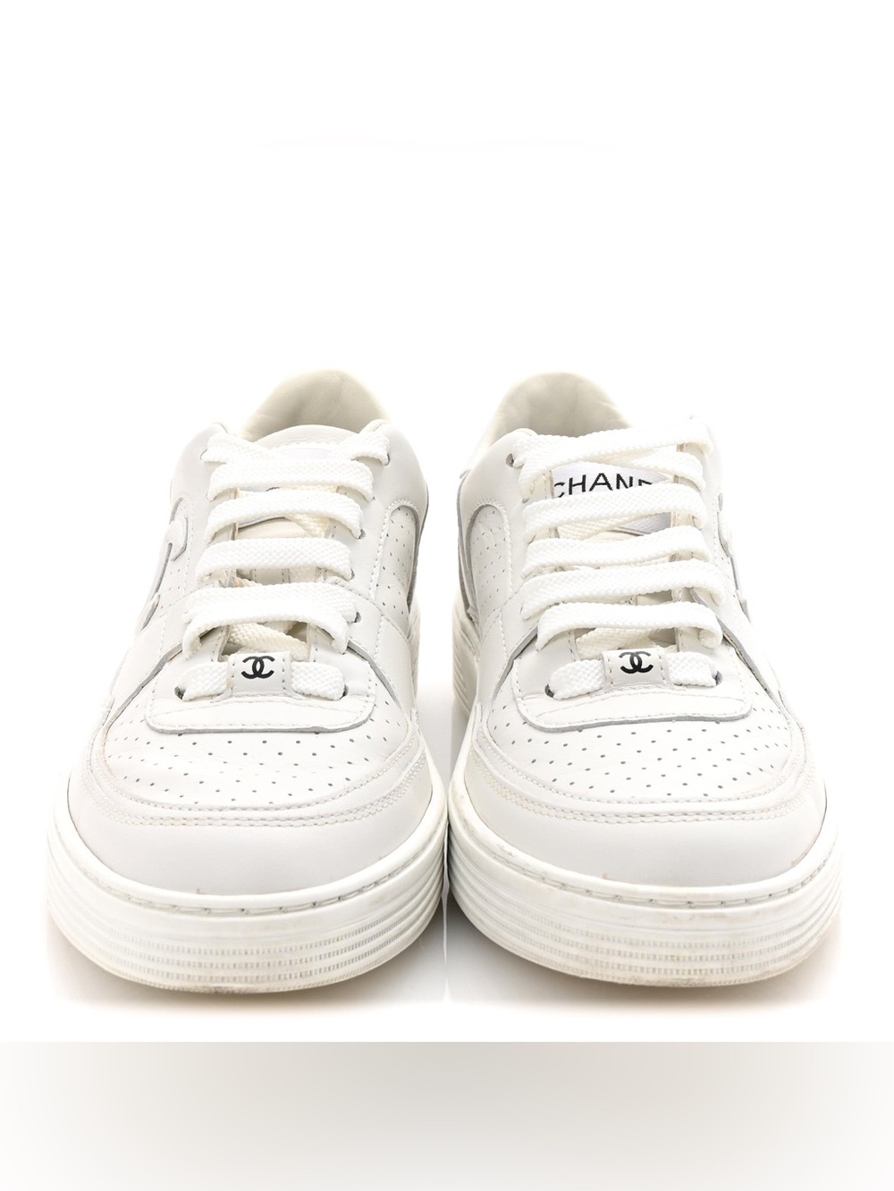 CHANEL White Leather Logo Accent Sneakers